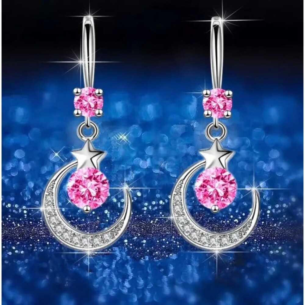 Pink Zircon Moon & Star Drop  Pendant Hook Earrings